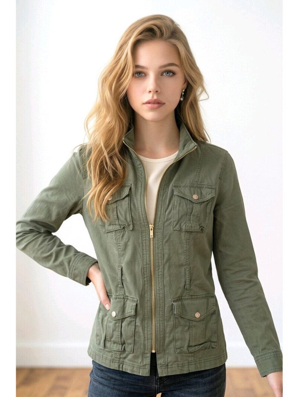 White House Black Market Olive Green Utility Jacket sz 4
